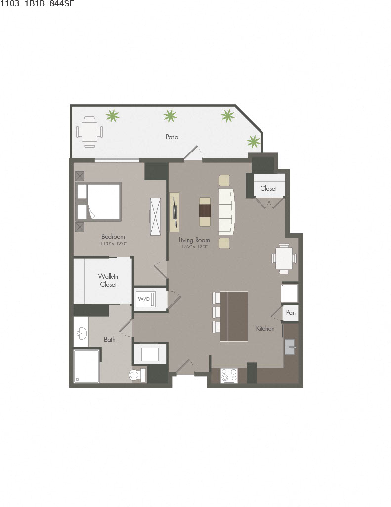 Floor plan for 1 bed, 1 bath, 844 sqft